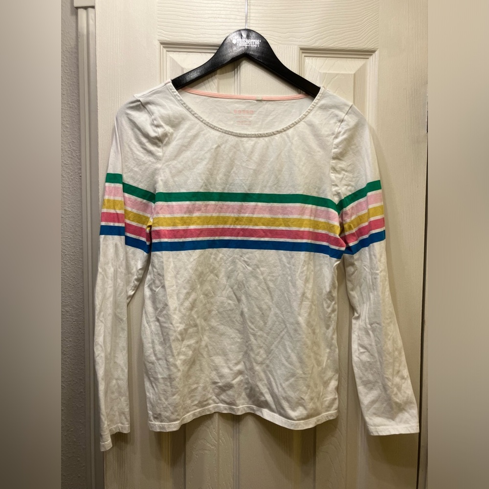 Boden women’s rainbow striped white long sleeve shirt